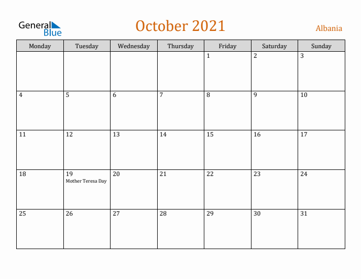 October 2021 Holiday Calendar with Monday Start