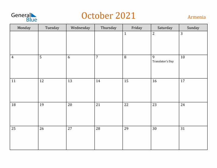 October 2021 Holiday Calendar with Monday Start