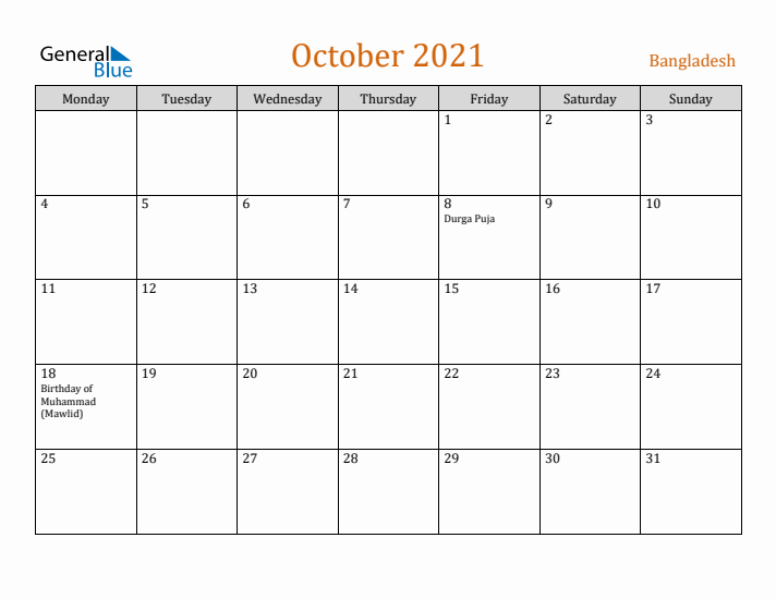 October 2021 Holiday Calendar with Monday Start