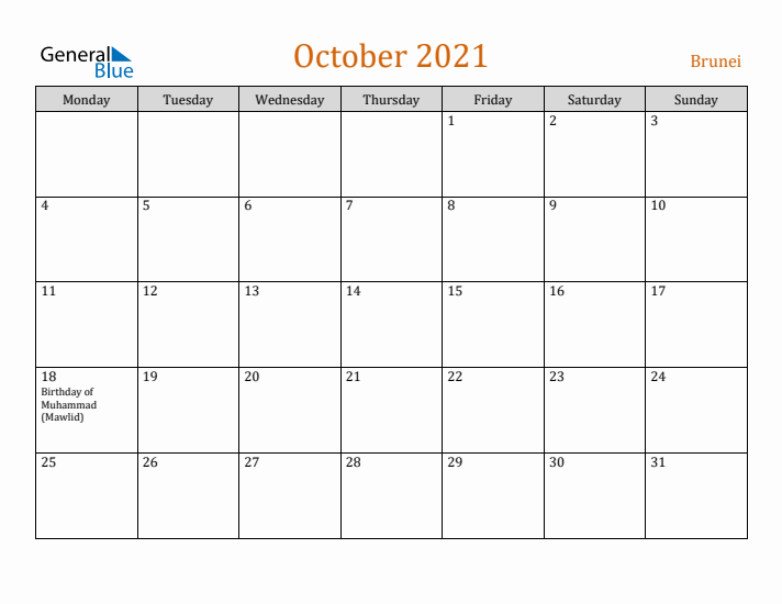 October 2021 Holiday Calendar with Monday Start