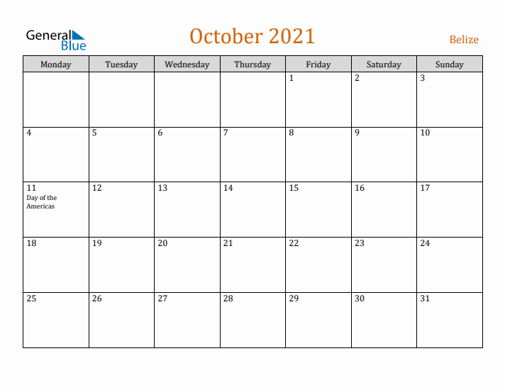 October 2021 Holiday Calendar with Monday Start