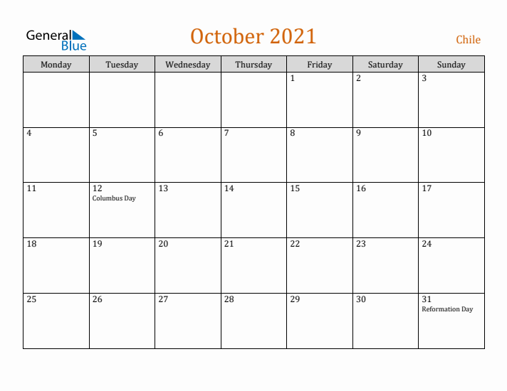 October 2021 Holiday Calendar with Monday Start