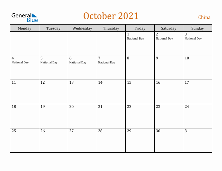 October 2021 Holiday Calendar with Monday Start