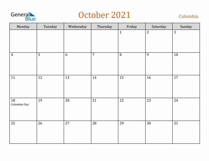 October 2021 Holiday Calendar with Monday Start