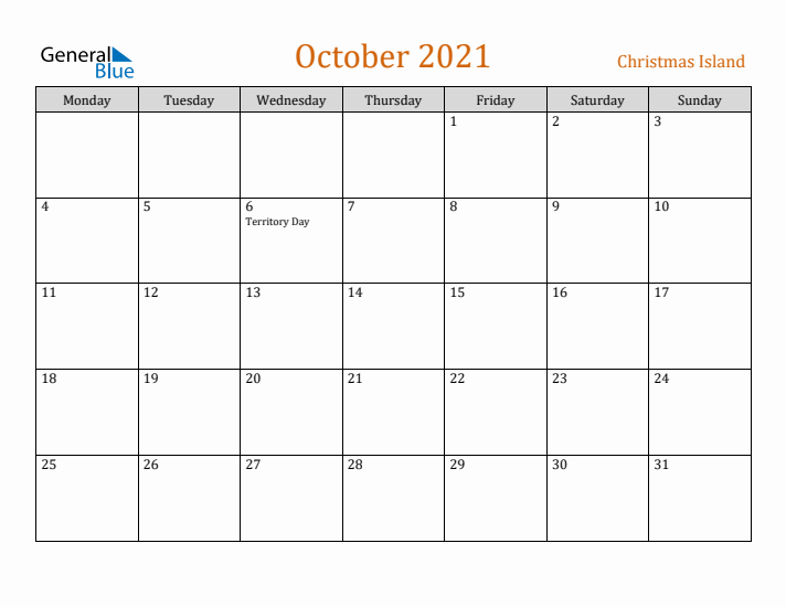 October 2021 Holiday Calendar with Monday Start