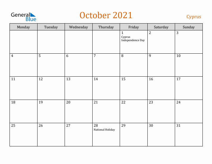 October 2021 Holiday Calendar with Monday Start