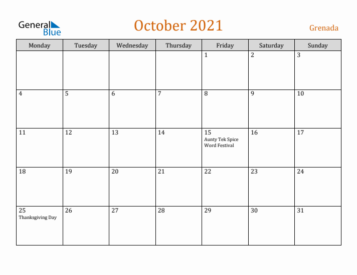 October 2021 Holiday Calendar with Monday Start