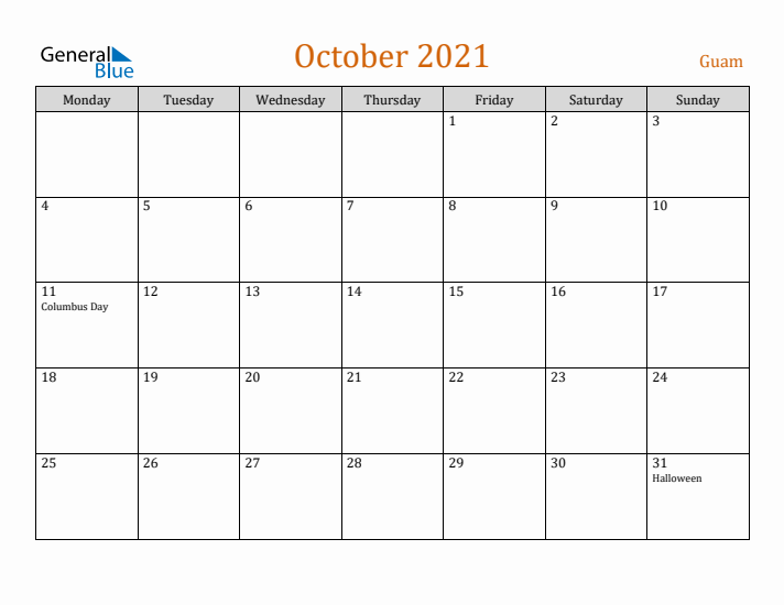 October 2021 Holiday Calendar with Monday Start