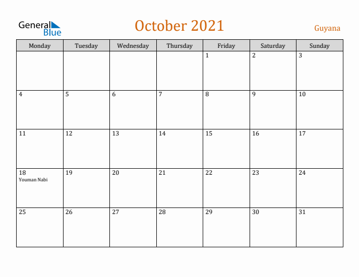 October 2021 Holiday Calendar with Monday Start