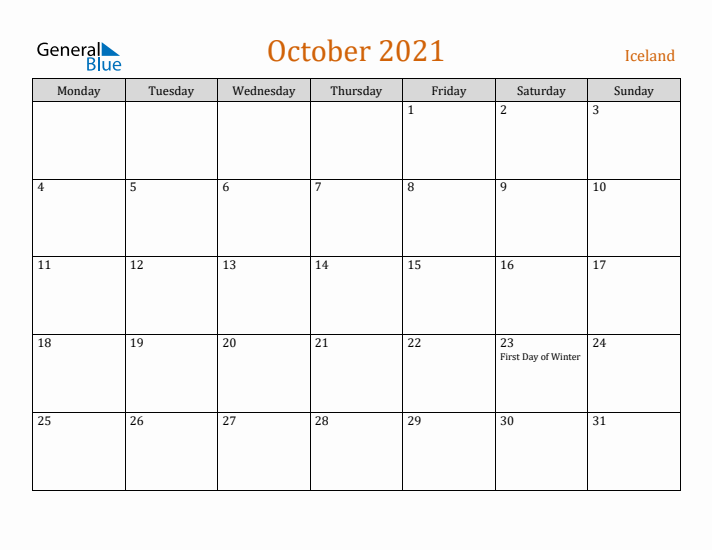 October 2021 Holiday Calendar with Monday Start