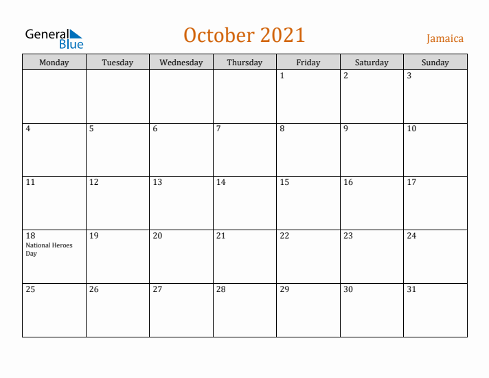 October 2021 Holiday Calendar with Monday Start