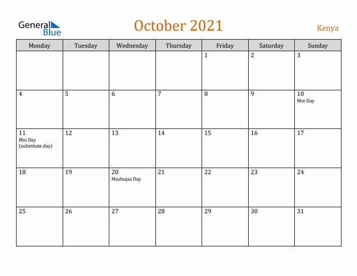 October 2021 Holiday Calendar with Monday Start