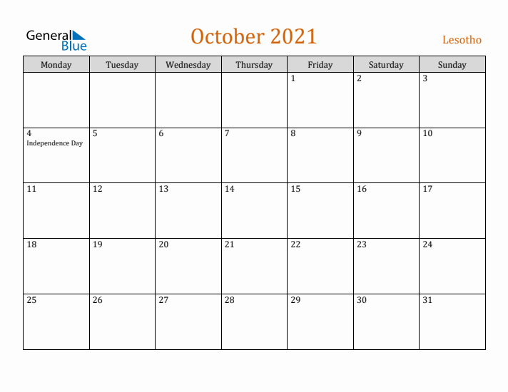 October 2021 Holiday Calendar with Monday Start