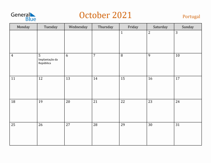 October 2021 Holiday Calendar with Monday Start