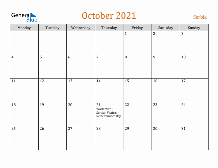 October 2021 Holiday Calendar with Monday Start