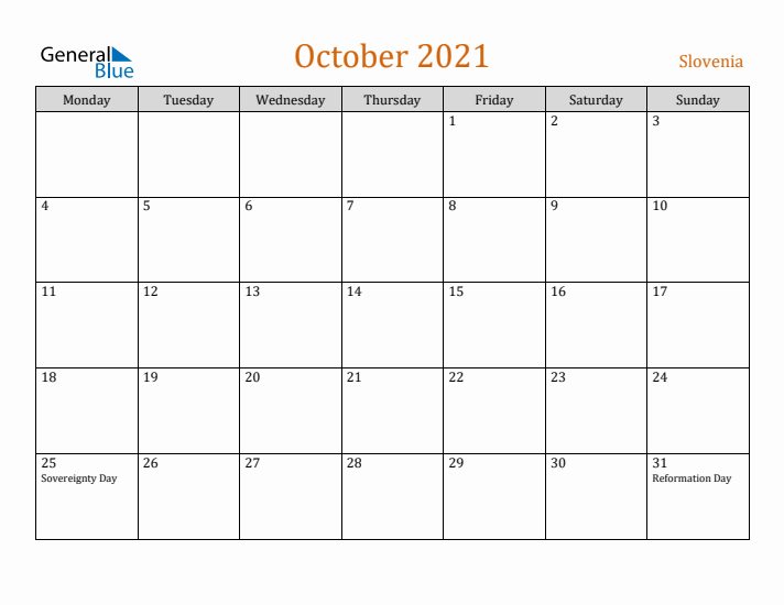 October 2021 Holiday Calendar with Monday Start