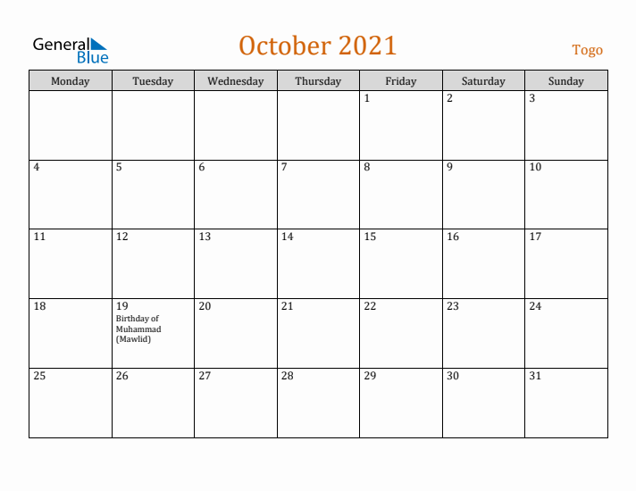 October 2021 Holiday Calendar with Monday Start