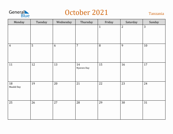 October 2021 Holiday Calendar with Monday Start