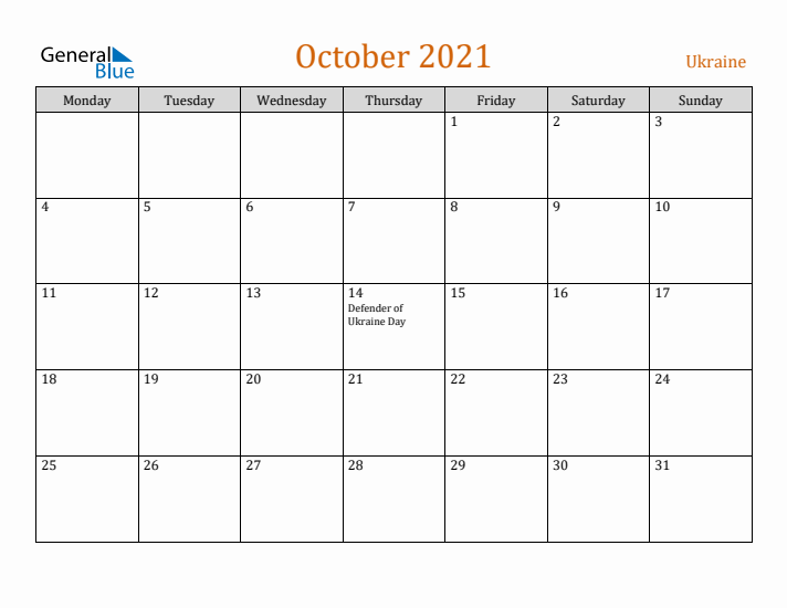 October 2021 Holiday Calendar with Monday Start