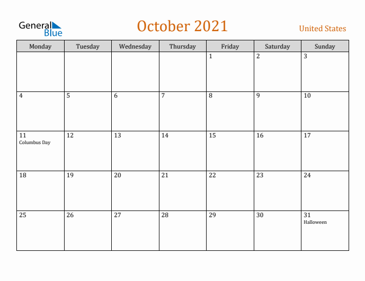 October 2021 Holiday Calendar with Monday Start