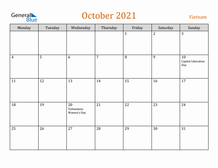 October 2021 Holiday Calendar with Monday Start