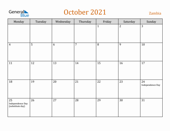 October 2021 Holiday Calendar with Monday Start