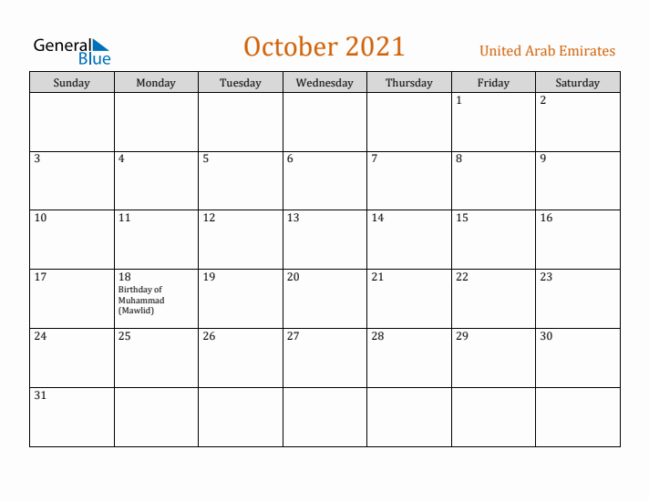 October 2021 Holiday Calendar with Sunday Start