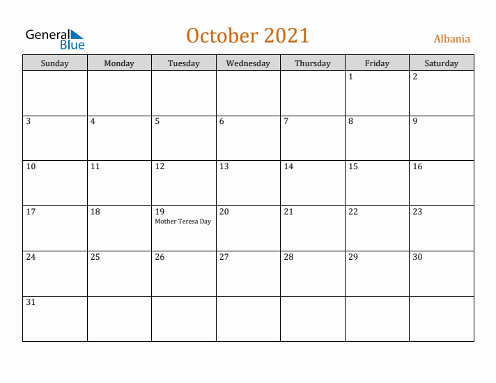 October 2021 Holiday Calendar with Sunday Start