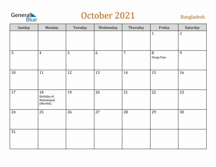 October 2021 Holiday Calendar with Sunday Start