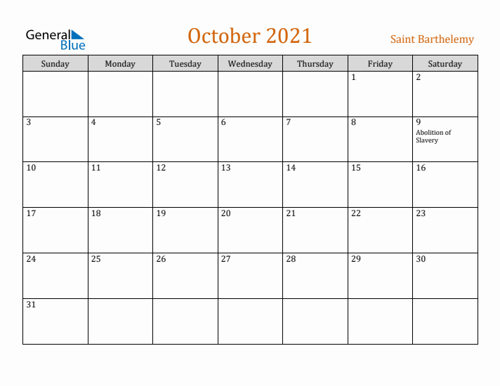 October 2021 Holiday Calendar with Sunday Start