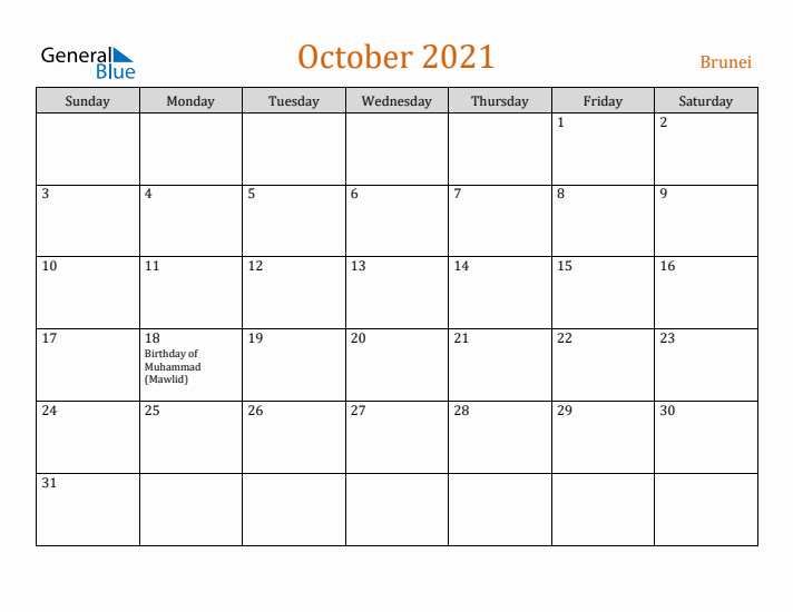 October 2021 Holiday Calendar with Sunday Start