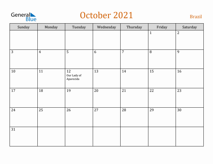 October 2021 Holiday Calendar with Sunday Start