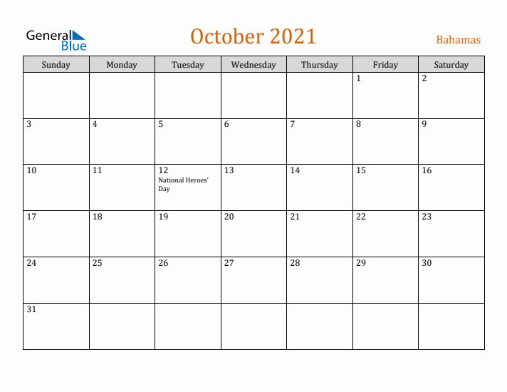 October 2021 Holiday Calendar with Sunday Start