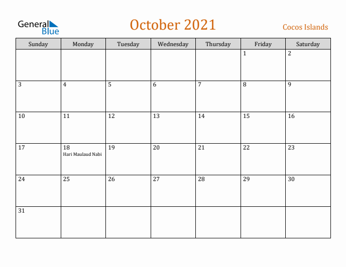 October 2021 Holiday Calendar with Sunday Start