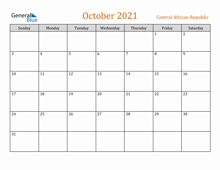 October 2021 Holiday Calendar with Sunday Start