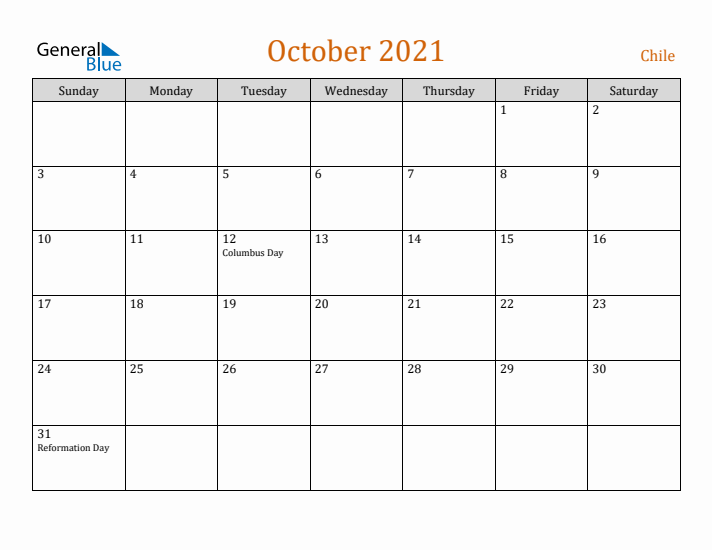 October 2021 Holiday Calendar with Sunday Start