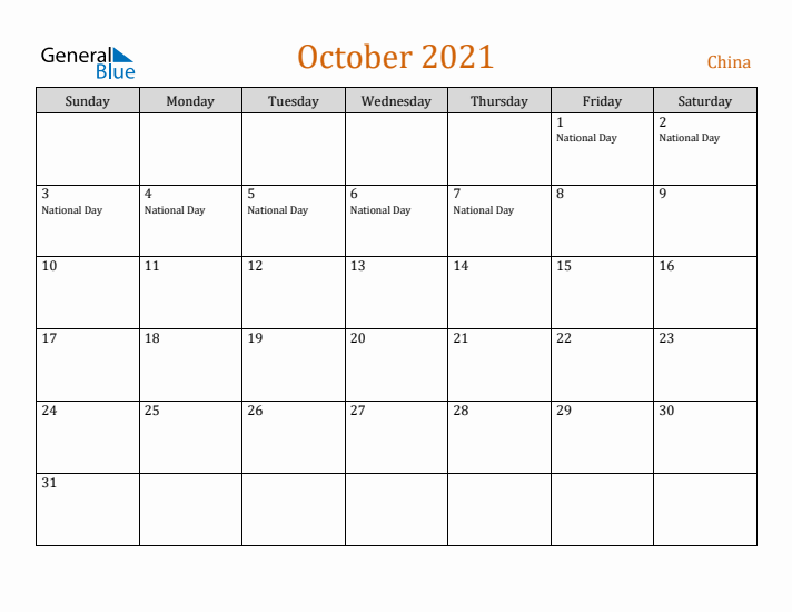 October 2021 Holiday Calendar with Sunday Start