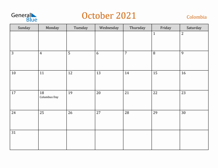 October 2021 Holiday Calendar with Sunday Start