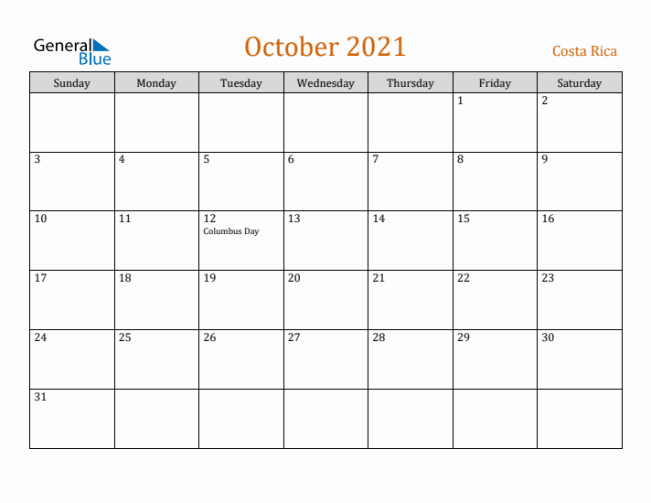 October 2021 Holiday Calendar with Sunday Start