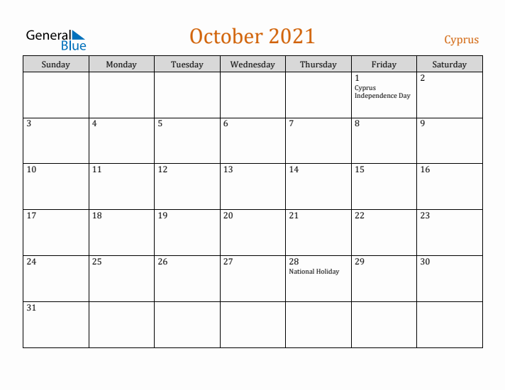 October 2021 Holiday Calendar with Sunday Start