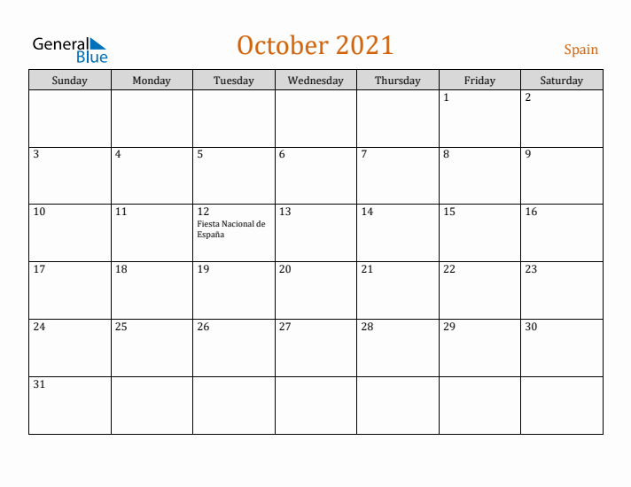 October 2021 Holiday Calendar with Sunday Start