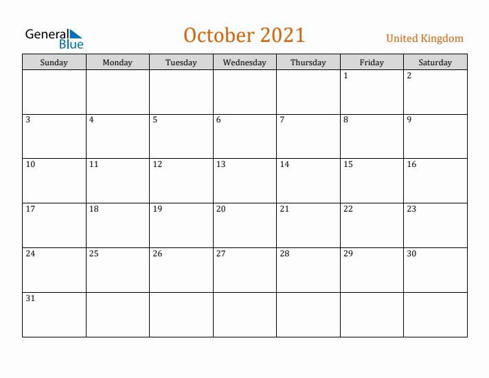 October 2021 Holiday Calendar with Sunday Start