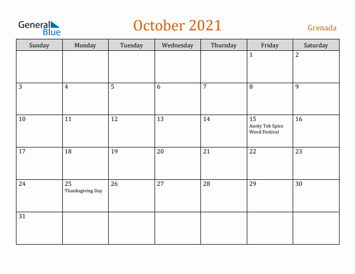 October 2021 Holiday Calendar with Sunday Start