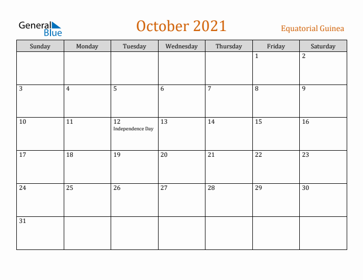 October 2021 Holiday Calendar with Sunday Start