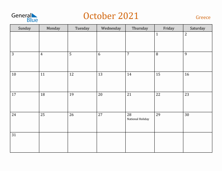 October 2021 Holiday Calendar with Sunday Start