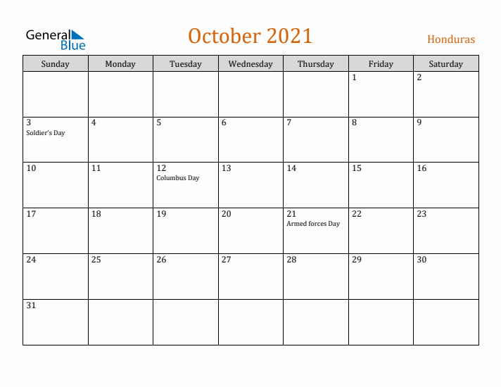 October 2021 Holiday Calendar with Sunday Start