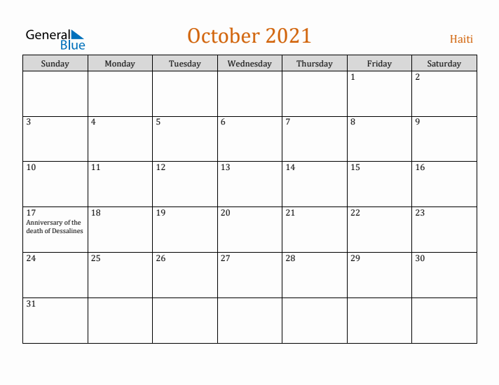 October 2021 Holiday Calendar with Sunday Start