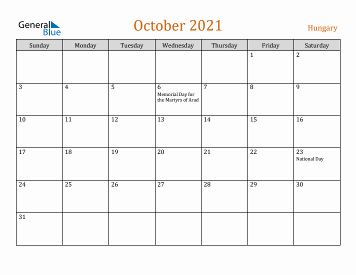 October 2021 Holiday Calendar with Sunday Start