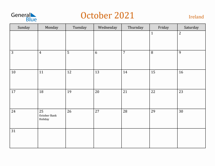 October 2021 Holiday Calendar with Sunday Start