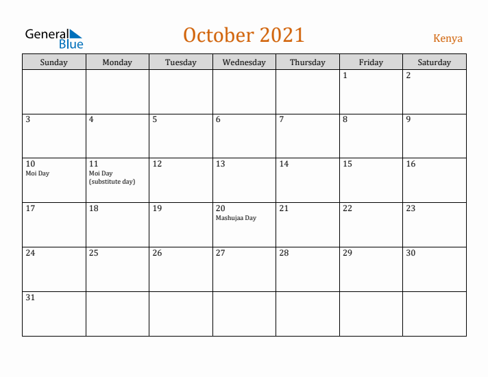 October 2021 Holiday Calendar with Sunday Start